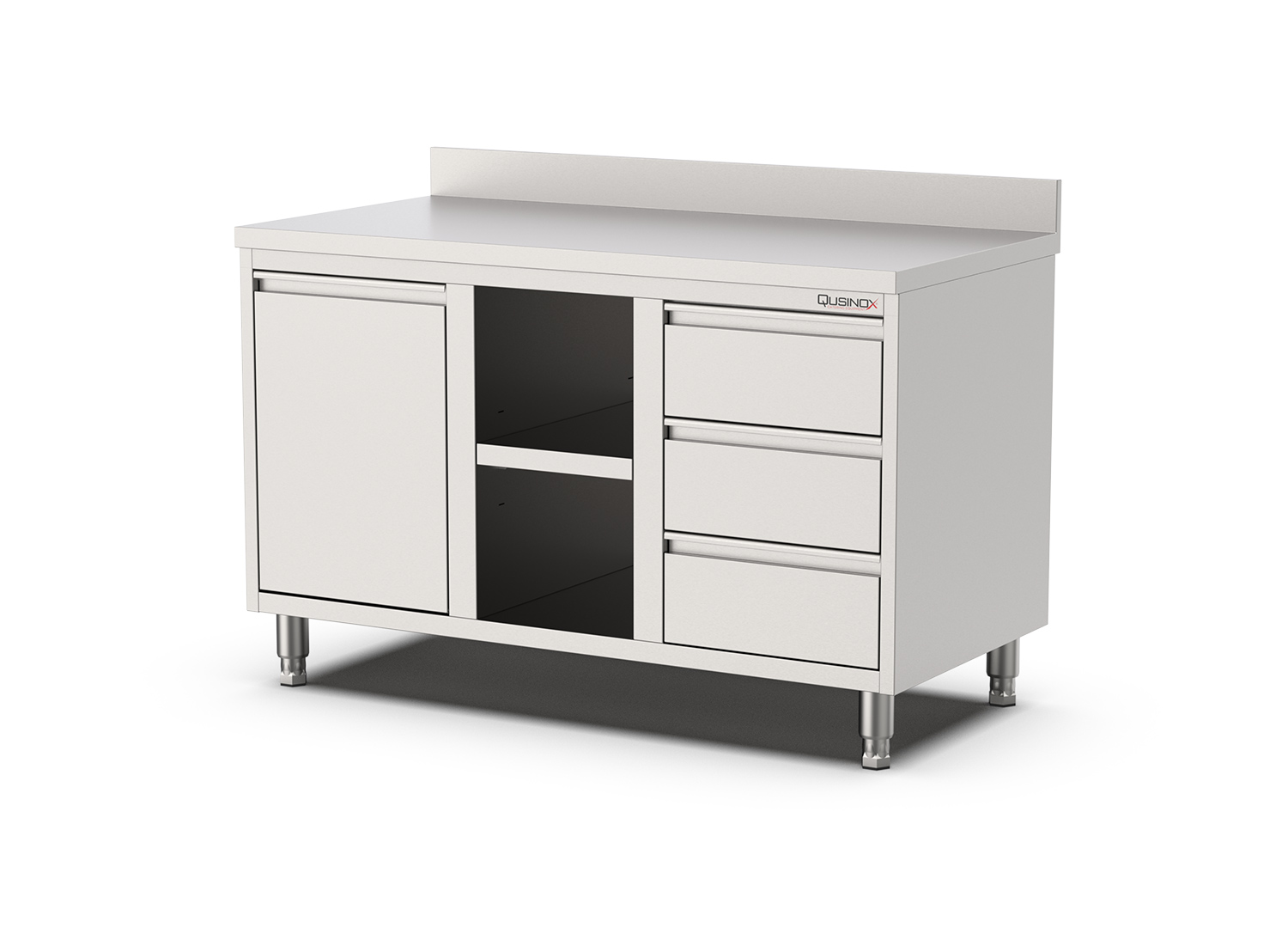 Nerūdijančio plieno stalas su atverčiama šiukšliadėže ir 3-im stalčiais 