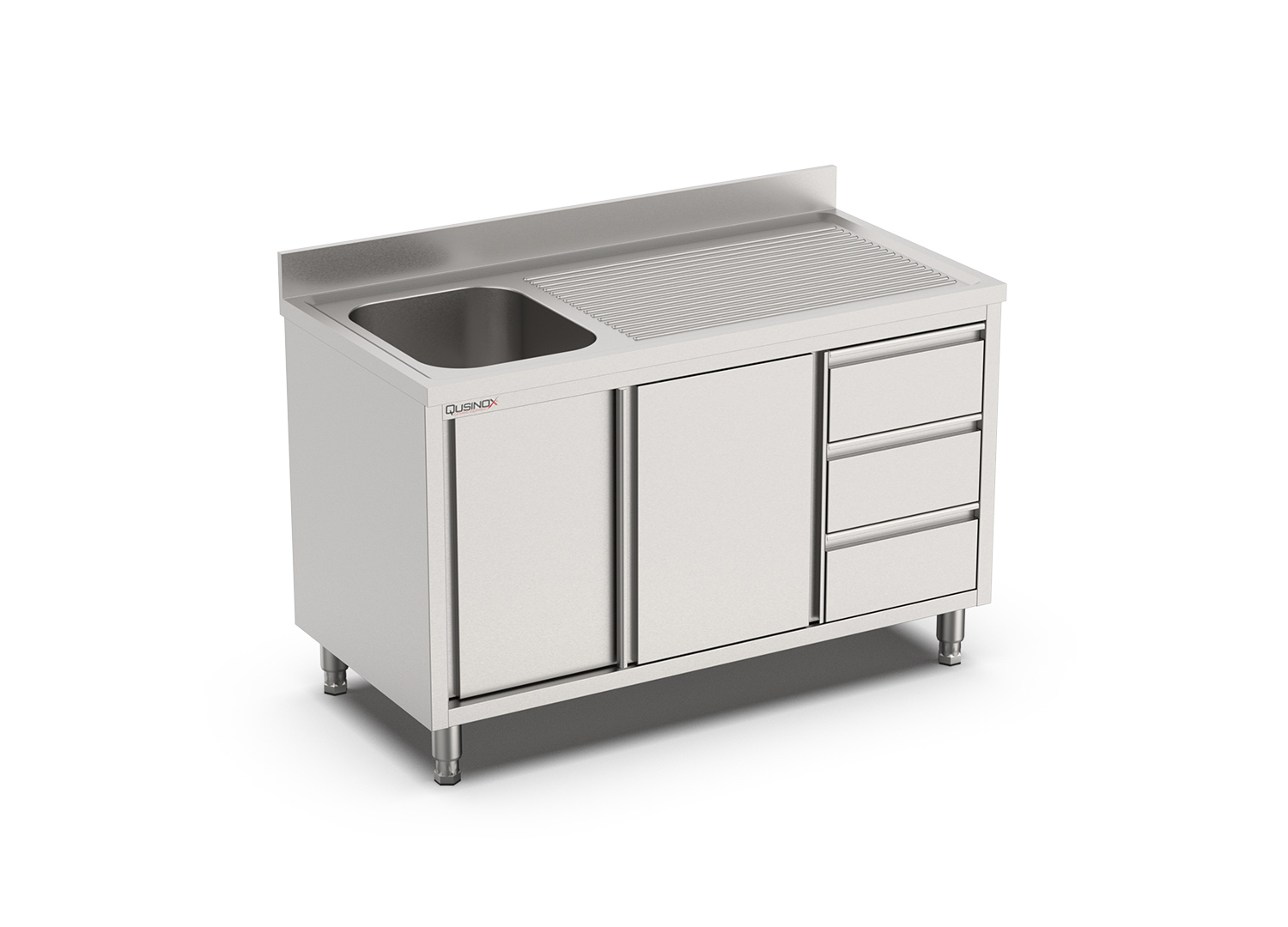 Nerūdijančio plieno stalas su plautuve, durelėmis ir 3-im stalčiais