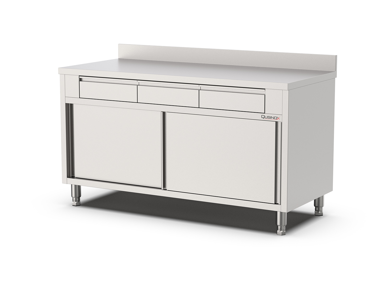 Nerūdijančio plieno stalas su durelėm ir 3-iem stalčiais įrankiams