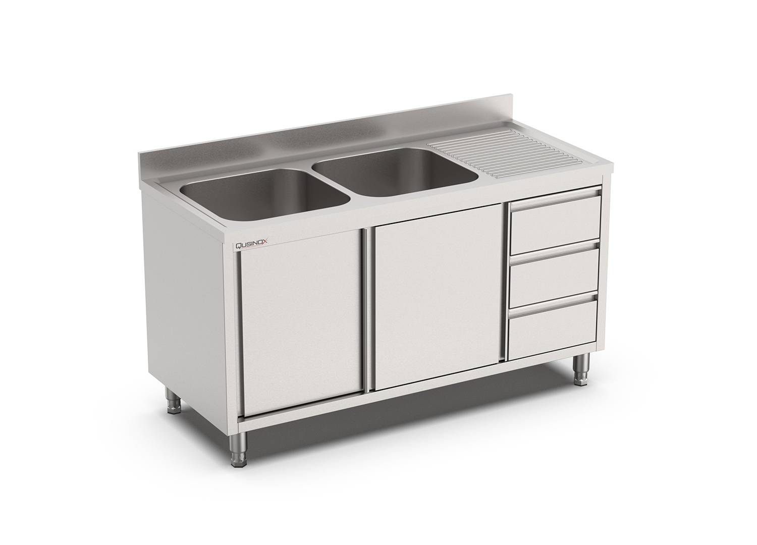 Nerūdijančio plieno stalas su 2-iem plautuvėm, durelėmis ir 3-im stalčiais